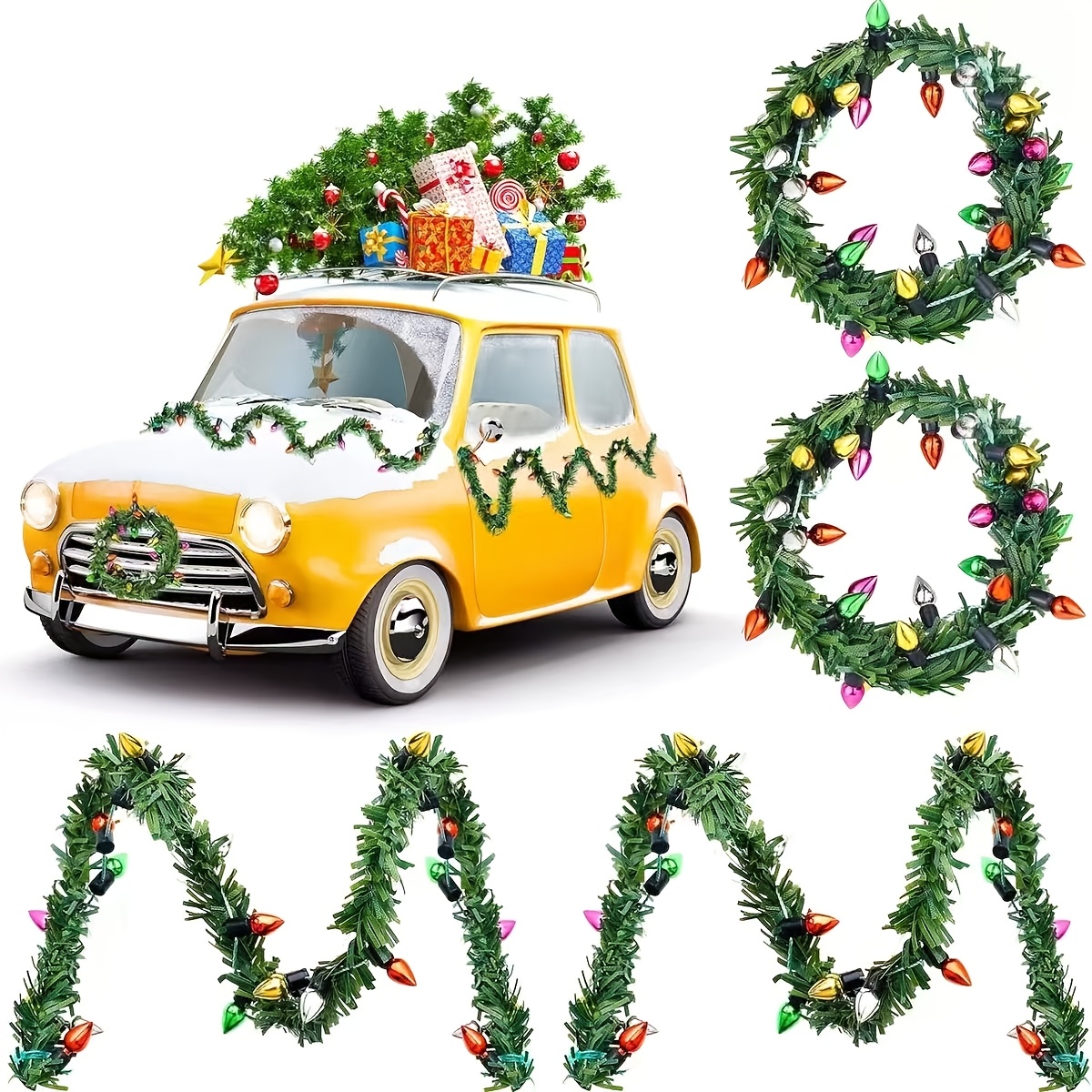 TEMU Shirune Mini Corona Navideña con Bombillas Falsas Coloridas, Guirnalda de Pino de Tinsel Artificial, Decoración Navideña en Miniatura para Casa