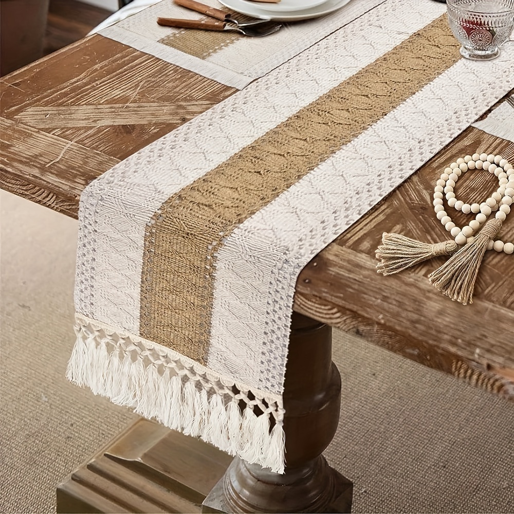 

Bohemian Chic Crochet Table Runner With Tassels - Linen/cotton Blend, Striped Design For Weddings, Dining & Home Decor