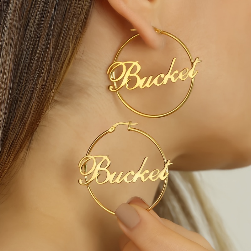 

18k Golden Plated Personalized Name Hoop Earrings - Elegant & Sexy Custom Stainless Steel Ear Loops, No Mosaic, Ideal For Daily Wear & Gifts, Suitable For All Seasons