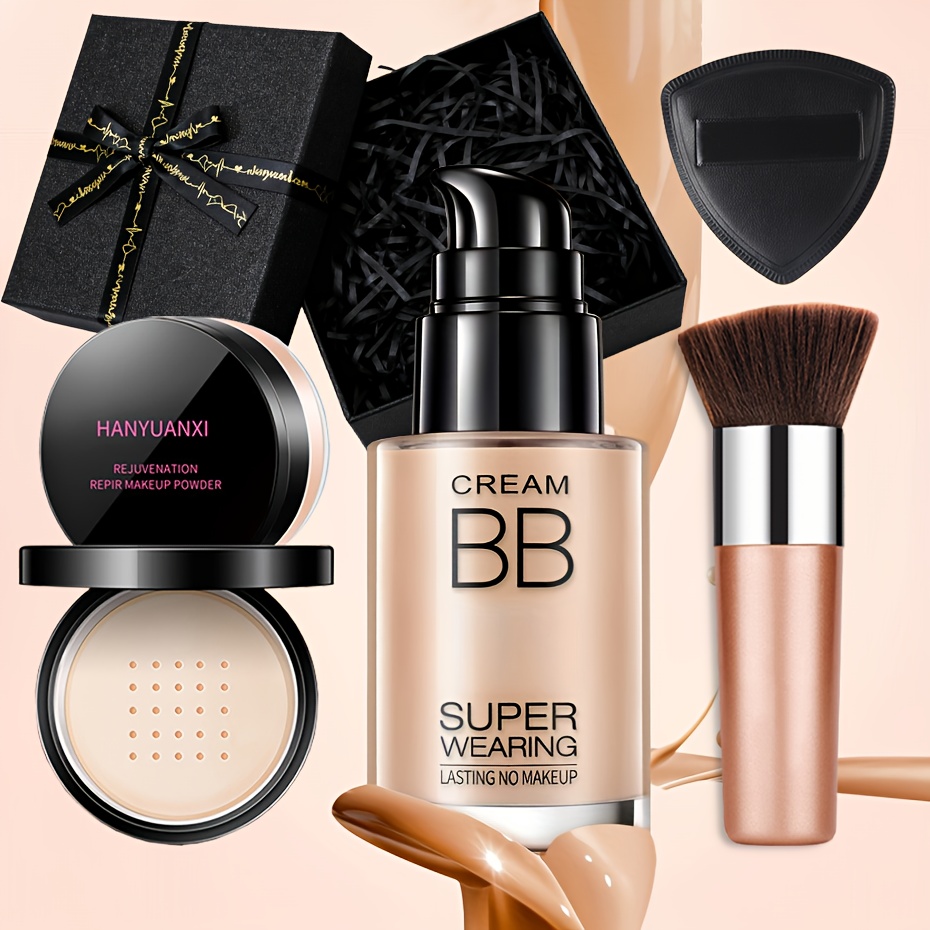 4pcs Makeup Gift Box Set: Luxury Complete Makeup Kit Include BB Cream Foundation & Loose Powder & Makeup Brush and Sponge, Long-lasting Coverage for All Beige Tones, Oil Control Moisturizing Beginner Set, Best Gift for Halloween/ Christmas/ New Year