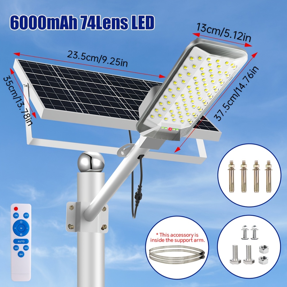 TEMU Luz solar de 1 pieza, 6000 mAh, luz de exterior IP65, control de , con control remoto, lámpara de consumo, luz solar de jardín, adecuada para