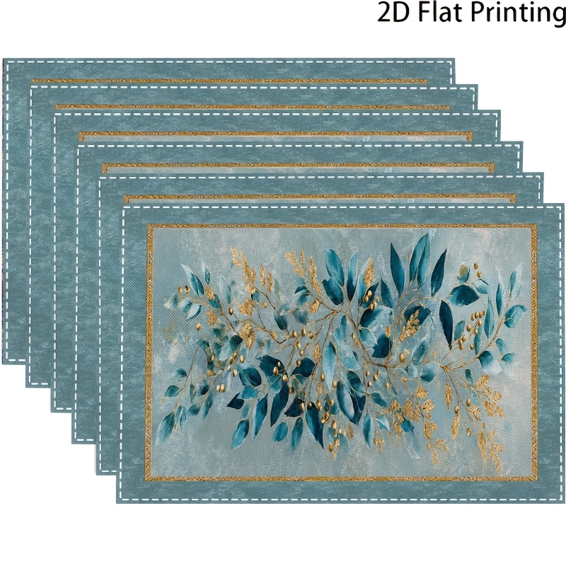 TEMU 4/6pcs, Blue And Golden Eucalyptus Leaf Placemat Set, With Elegant Botanical Prints And Metallic Embellishments, Luxury, Suitable For Kitchens,