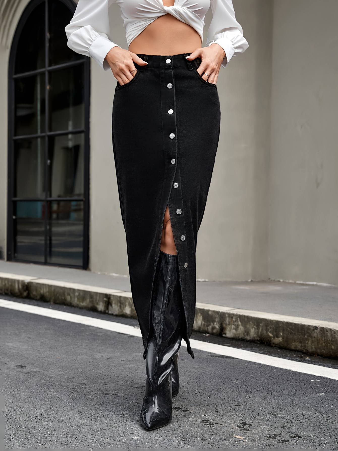 20595 1 fashionable versatile long slit denim skirt - Temu South
