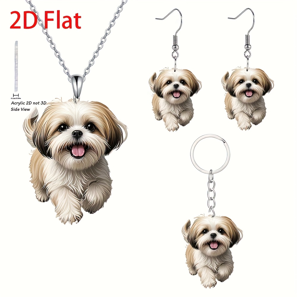 TEMU 2d Flat, 2d Flat Fashion Smile Shih Tzu 2d Acrylic Necklace Earrings Keychain Set For Holiday Birthday Party Gifts, Party Accessories, Holiday