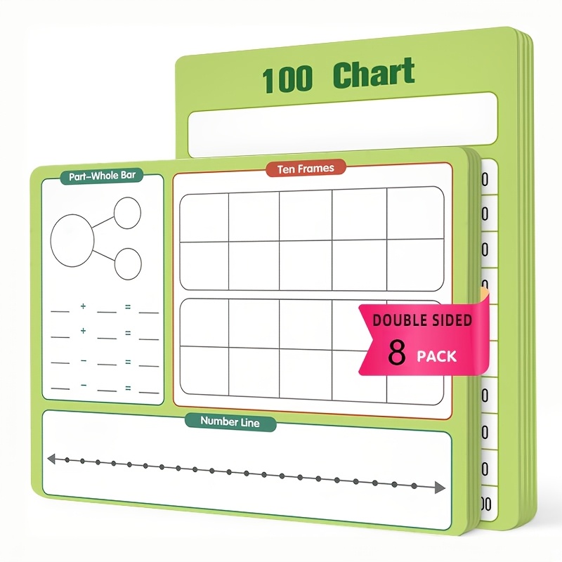 TEMU 8pcs Set Double-sided Erasable Math Teaching Whiteboard With 100 Number Table, Ten-grid , Addition And Subtraction Number Line, Multi-module
