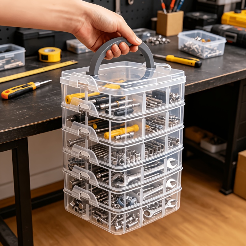 7pcs Set: 6 Containers with 1 Lid, Transparent Storage Box with Lid and Handle, Snap Closure Design, Clear Tool Organizer, Household Screw, Wrench, and Hardware Accessories Sorting Box, Storage Container, Portable Divided Organizer Tray