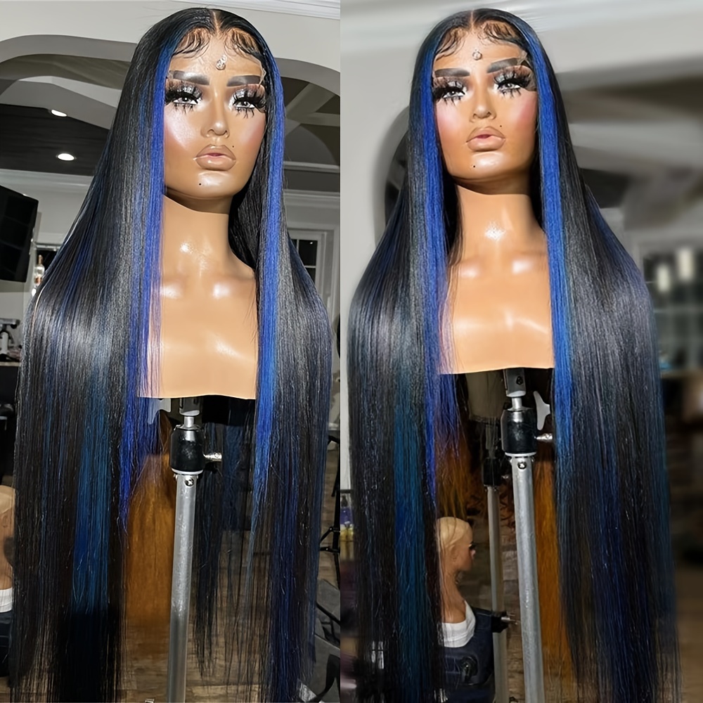 TEMU Blue Highlight Synthetic Lace Front Wigs For Women 13*4 Inch Deep Space Heat Resistant Hair Long Silky Straight Preplucked Hairline With Baby Hair Glueless Lace Front Wig For Daily Party Use