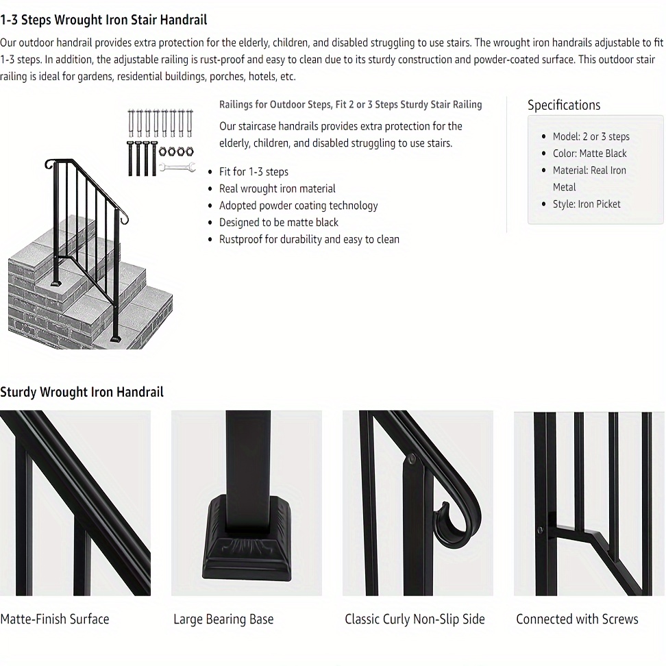 3 Step Handrails For Outdoor Steps Wrought Iron Stair Railing Fits 2 Or ...