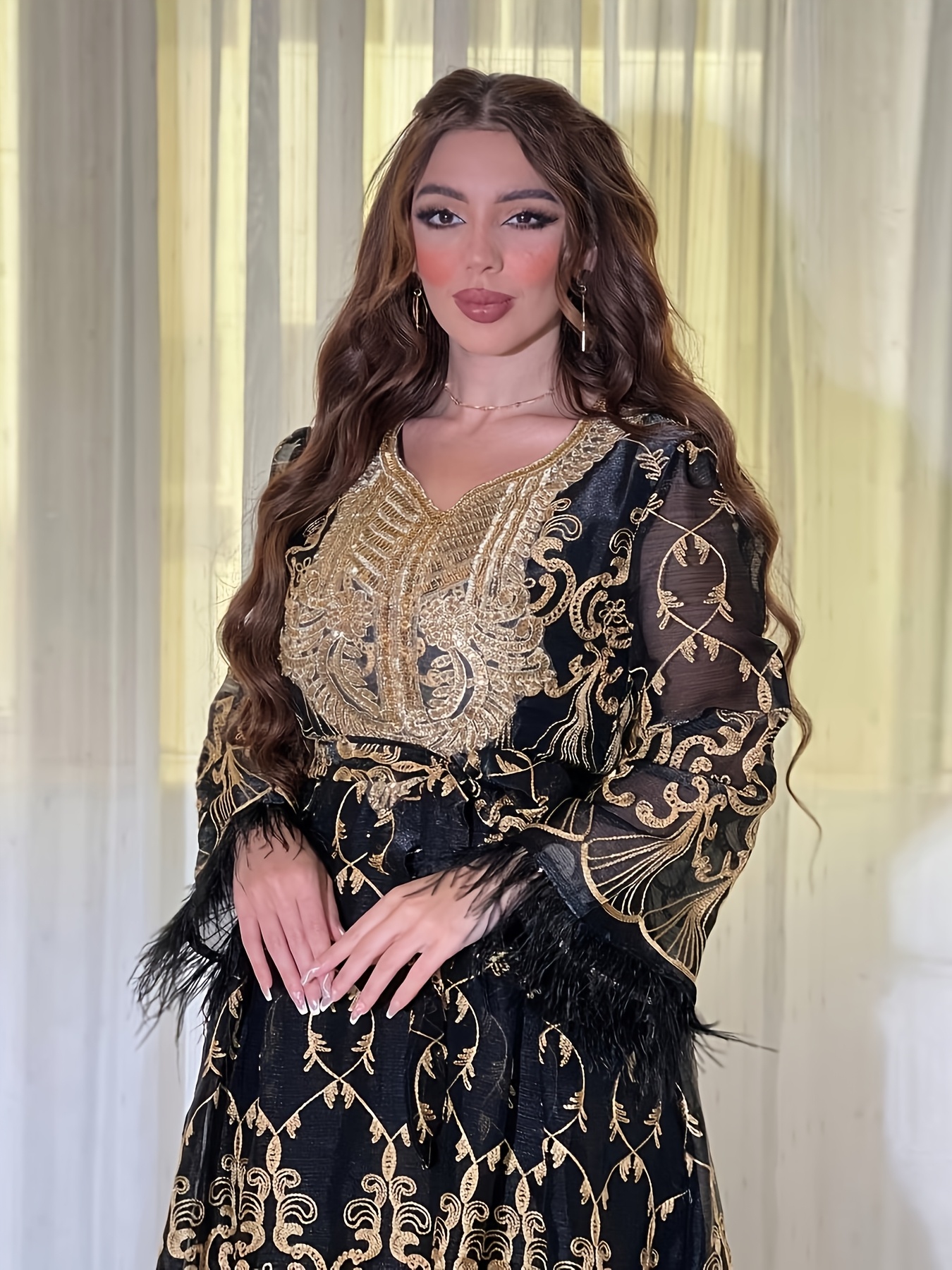 arabian dubai womens elegant golden jalabiya robe middle - Temu Oman