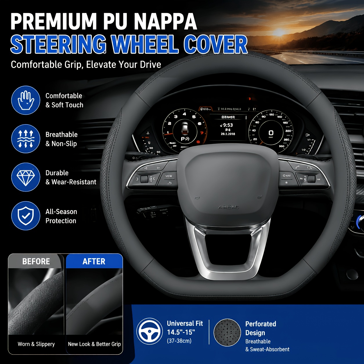 TEMU Premium para Volante de PU con , Cubierta Universal para Manija de Coche Tipo D con Anillo Térmico, Agarre Perforado Transpirable ,
