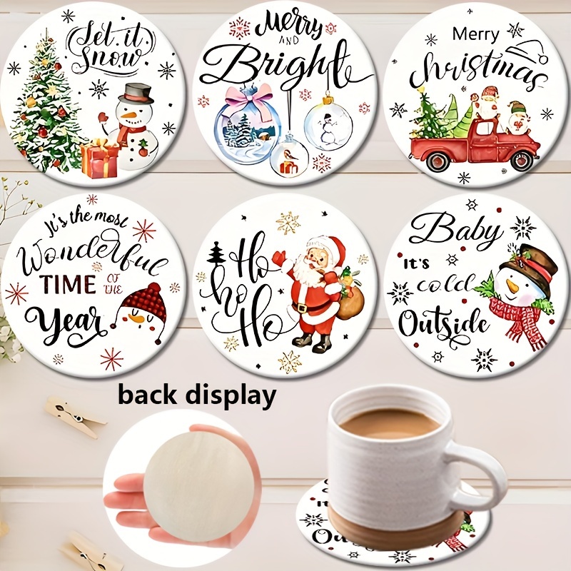 christmas coaster set 6pcs santa claus cartoon pattern water absorbing round beverage coaster wooden base housewarming   decoration gift best for christmas 0