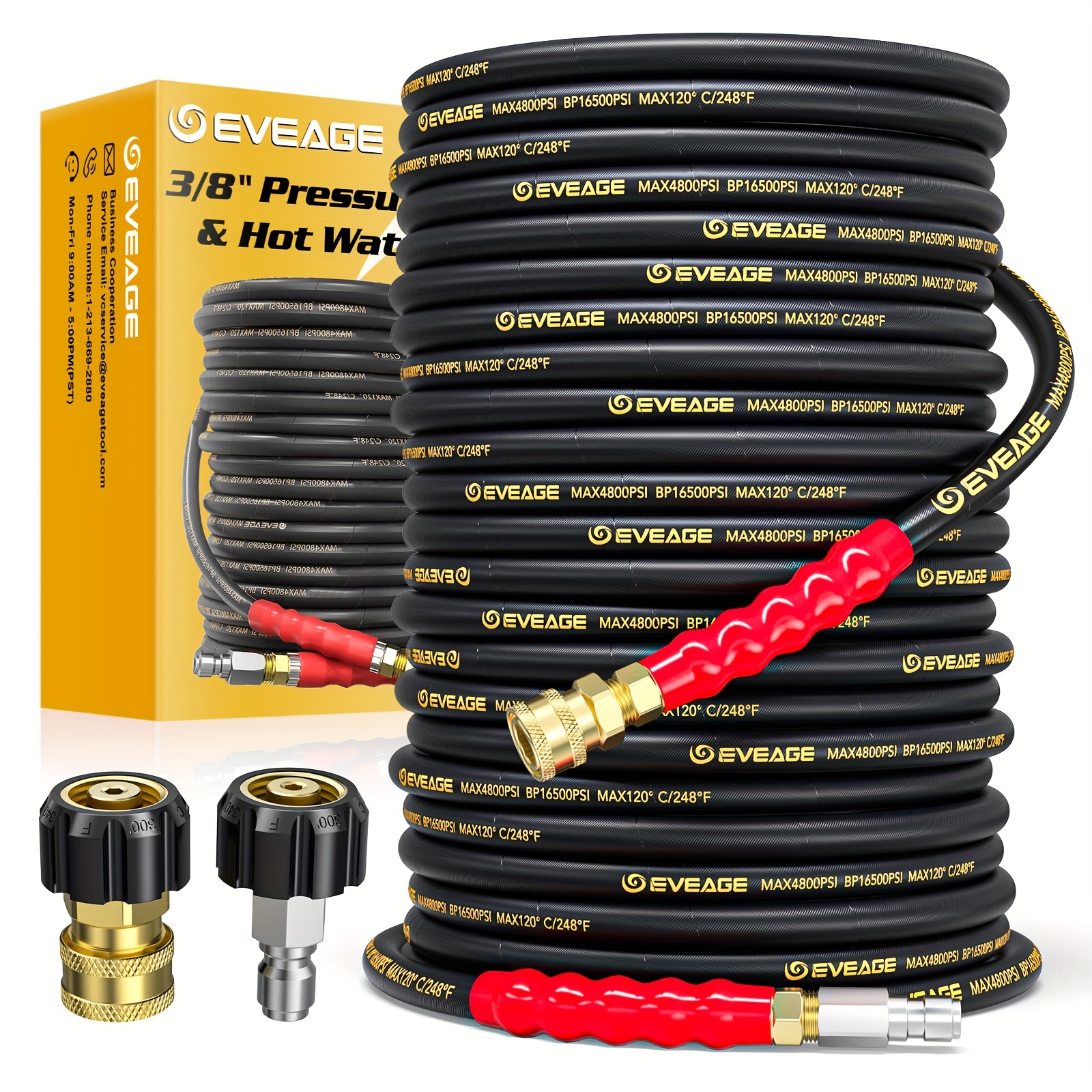 

Eveage 3/8" Pressure Washer Hose 100ft, 4800psi Industry Grade Steel Wire Braided & Synthetic Rubber Jacket, Kink Resistant Hot & Cold 248°f Power Washer Hose, 2pcs M22 14mm Adapter Set