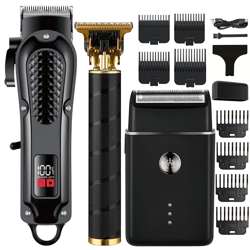 3pcs Men's Hair Clipper and Trimmer Set - Golden, USB Rechargeable with LCD Display, Includes Electric Razor and T-Blade Trimmer, Ideal for Home & Barber Shop Use, Perfect Christmas Gift