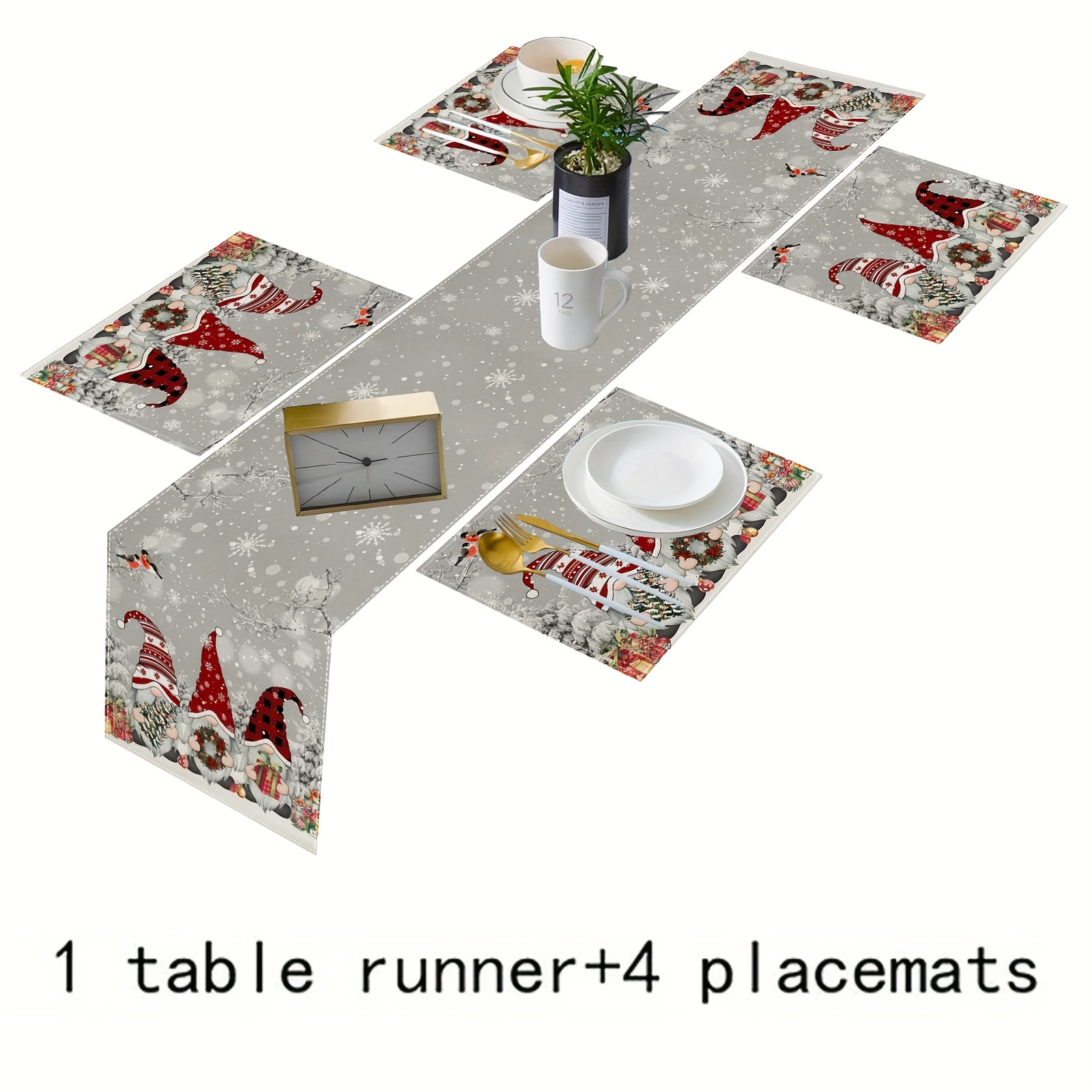 Image of 5/7pcs Christmas Tablecloth Placemats Runner With Gray Dwarf Fantasy Snow Tree Branches Design For Kitchen Dining Room /wedding Decor