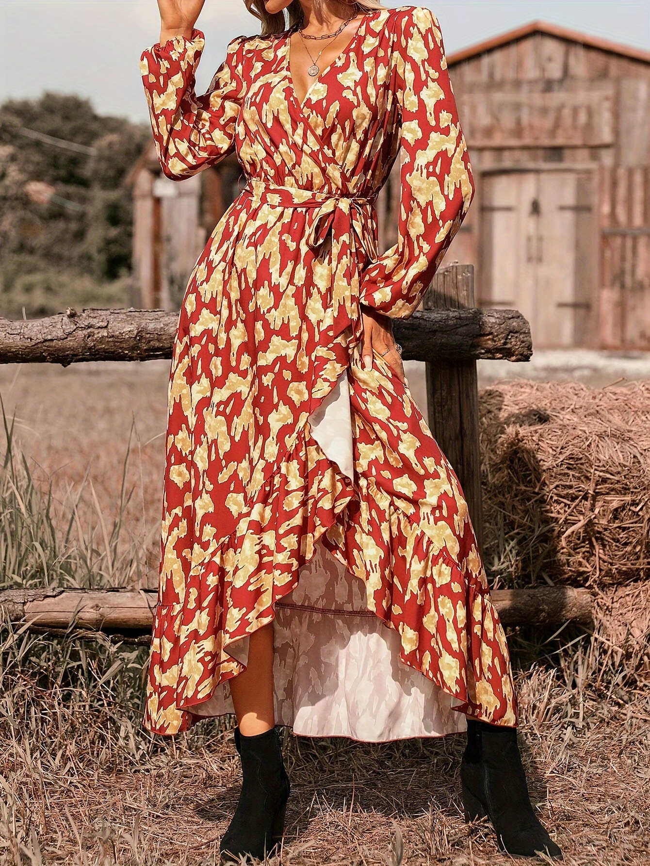 womens v neck wrap dress full print polyester tight top - Temu Qatar