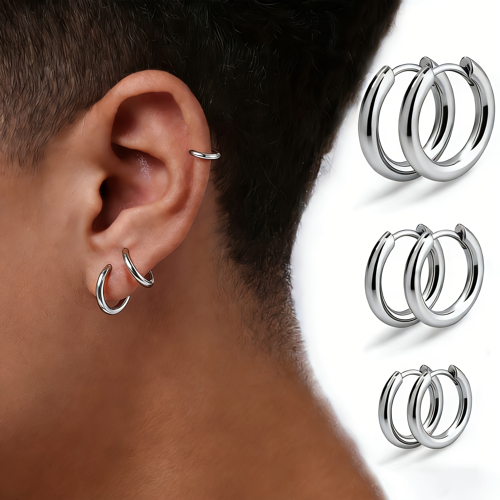 TEMU 3/6pcs Minimalist/fashionable Geometric Circle Earrings, Smooth Plain Hoop Steel Ring Ear Studs, Mini Thin Cartilage Stackable Stud Earrings