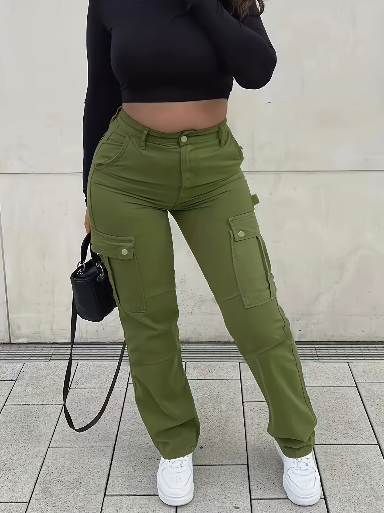 Green Flap Pockets Baggy Jeans, High Waist Non-Stretch Y2K & Kpop Style  Cargo Pants, Women's Denim Jeans & Clothing