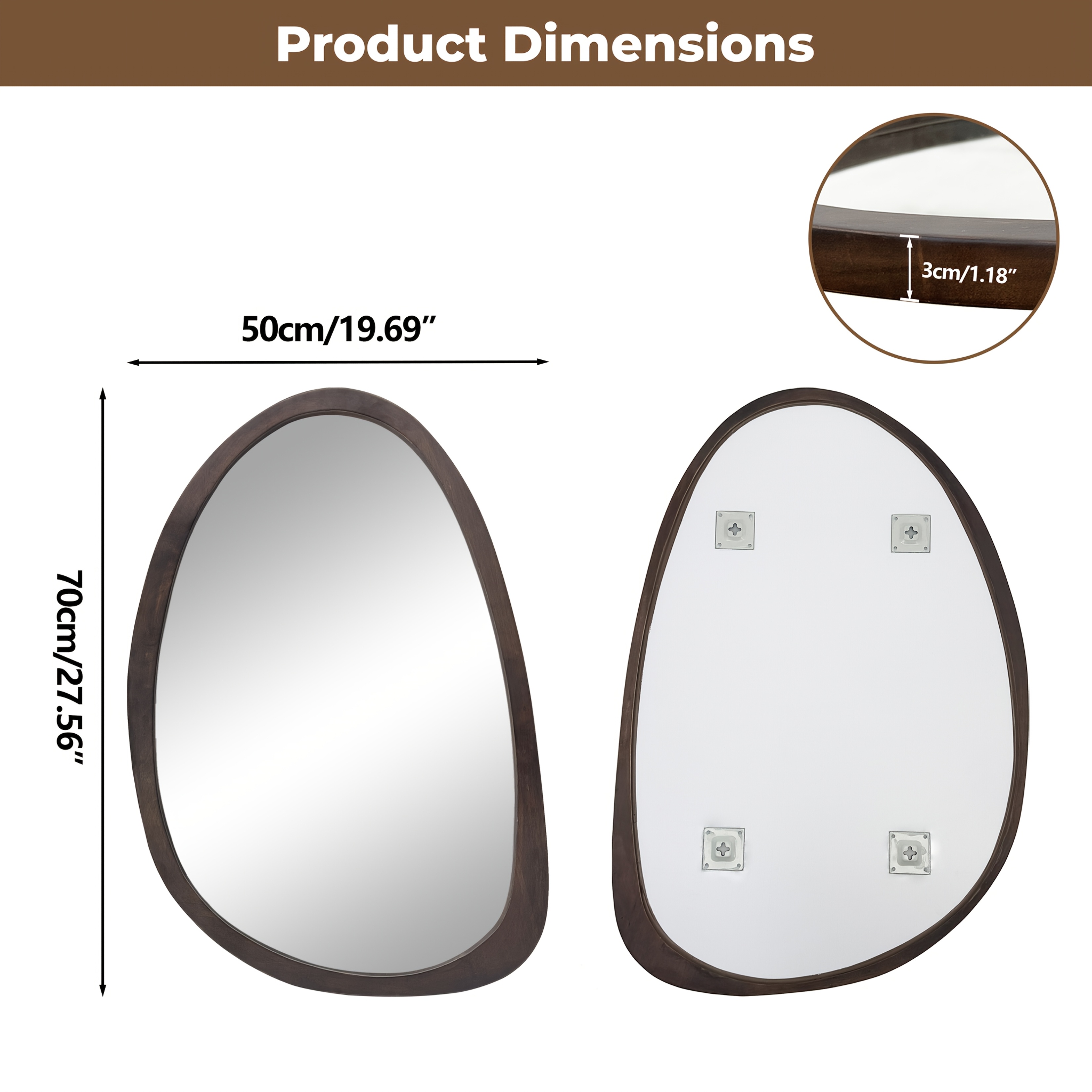 Vintage Asymmetrical Wall Mirror 70×50cm - Irregular Solid Wood Frame, Classic Wall-Mounted HD Makeup Mirror Home Decoration, Vertical/Horizontal, Ideal for Bedroom, Living Room, Entryway Decor, Wall Decor, Formaldehyde-free