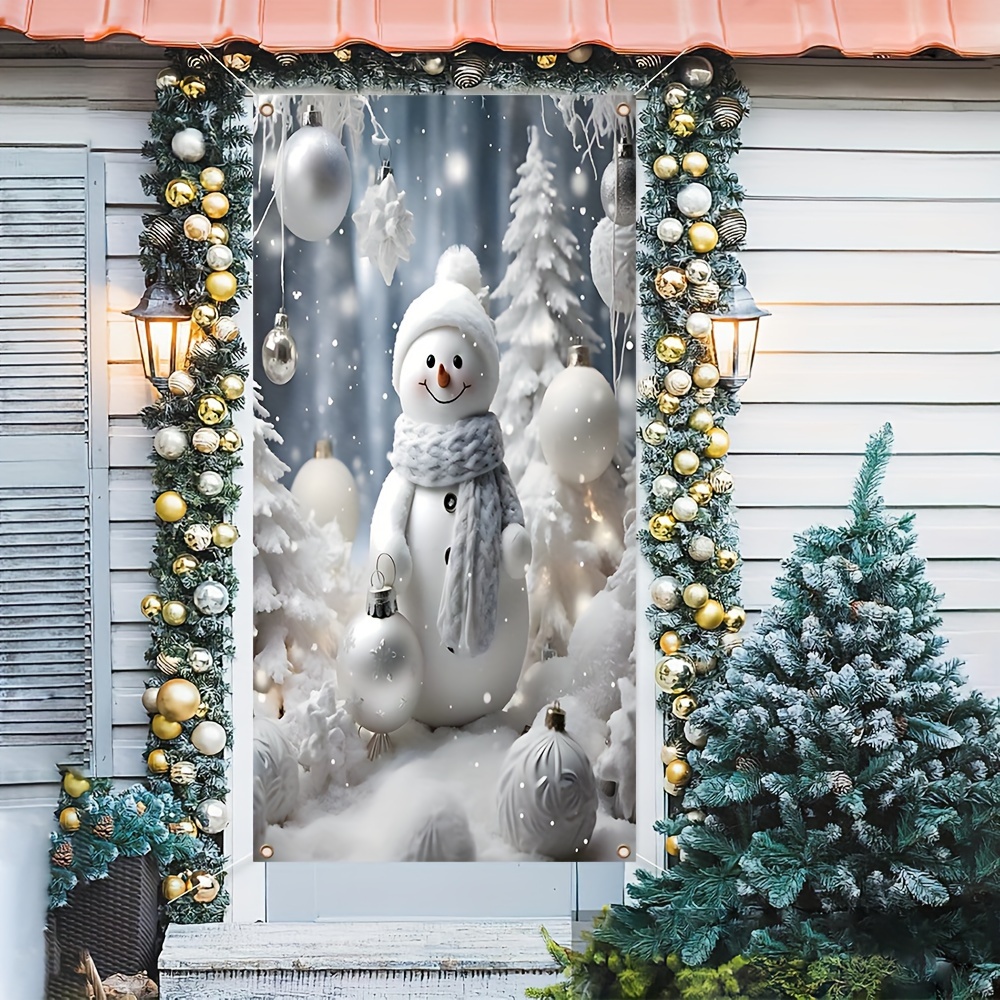 

1pc, Christmas Party Decoration Door, Winter Snow White Theme Snowman Background, Indoor Outdoor Porch Hanging Banner Photography Decoration Props, 35.4*70.8inch