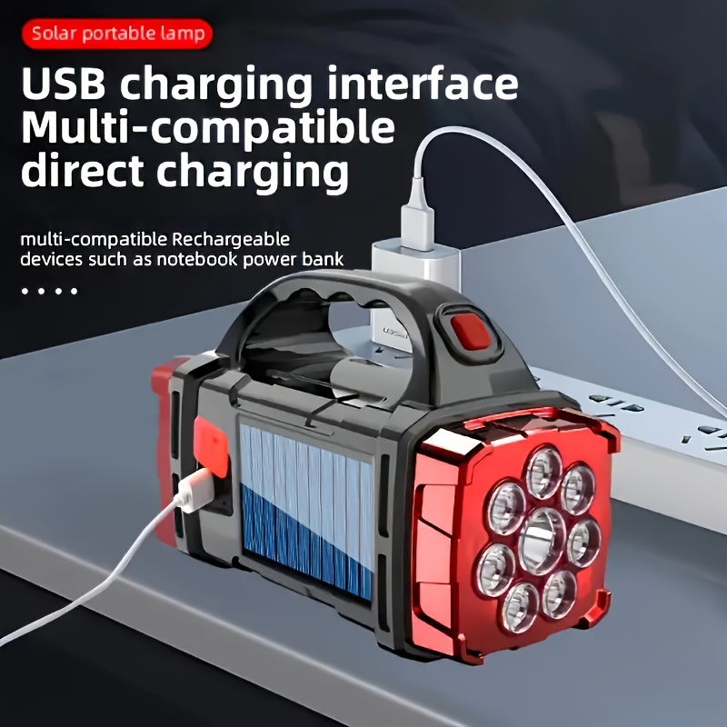 

Solar-powered Led Flashlight - Usb Rechargeable, Portable For Camping & , Abs Material