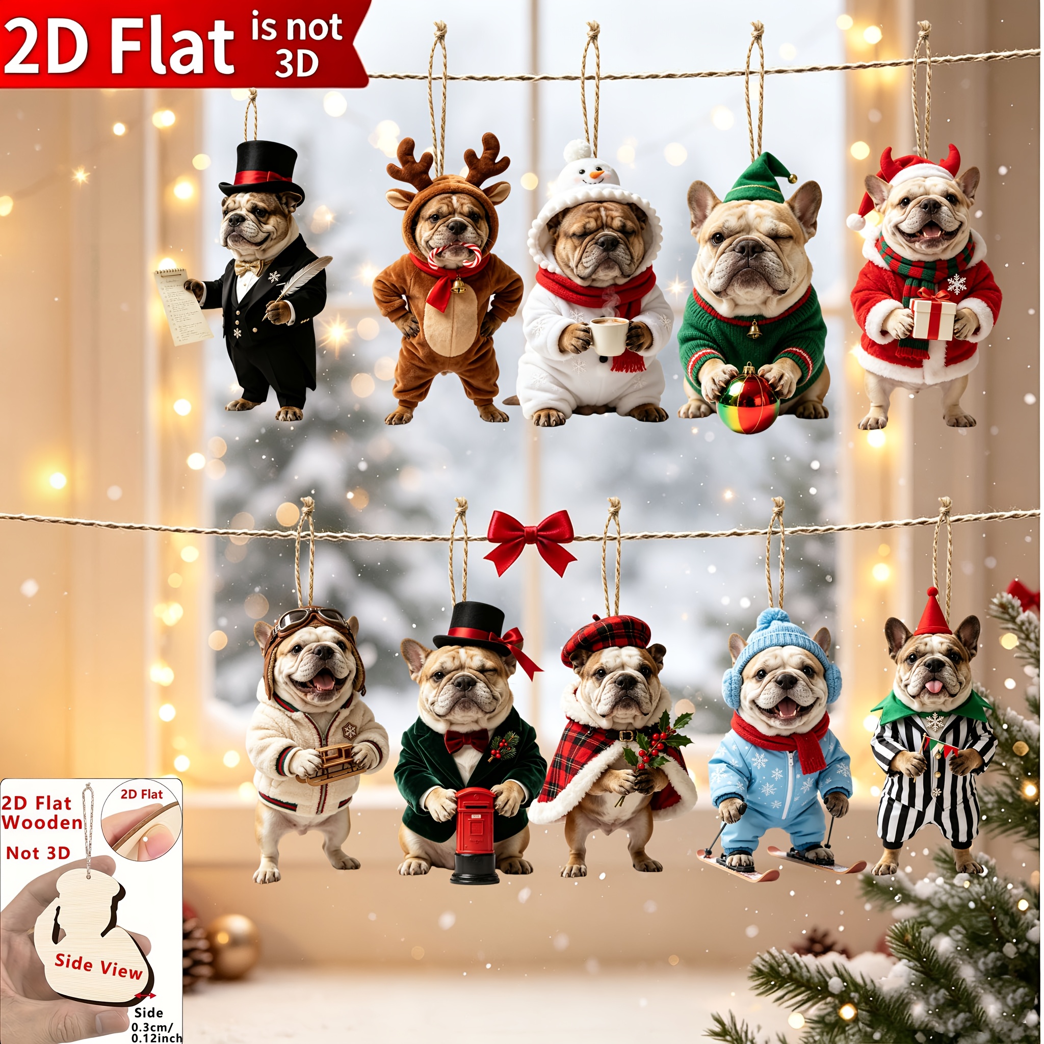 TEMU 2d Flat, 10pcs Christmas Bulldog Ornaments, Suitable For Thanksgiving And Christmas Celebrations, Outdoor Decor, Tree Toppers, Wooden Charms,
