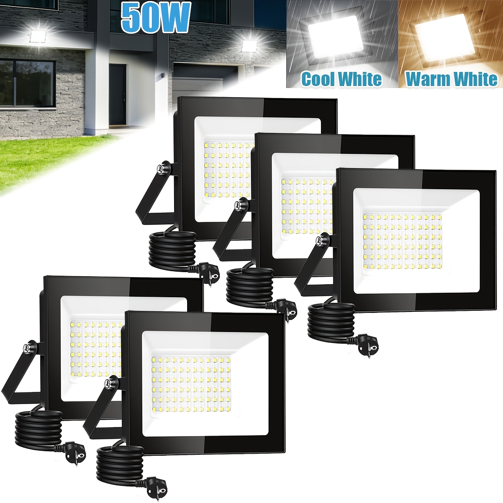 5pcs 50w Led Flood Light Outdoor Lamp, With Plug Led Security Light, Led Flood Light, Cool White/warm White, Adjustable 180° Bracket, For Garden, Garage, Yard, Backyard, Workshop