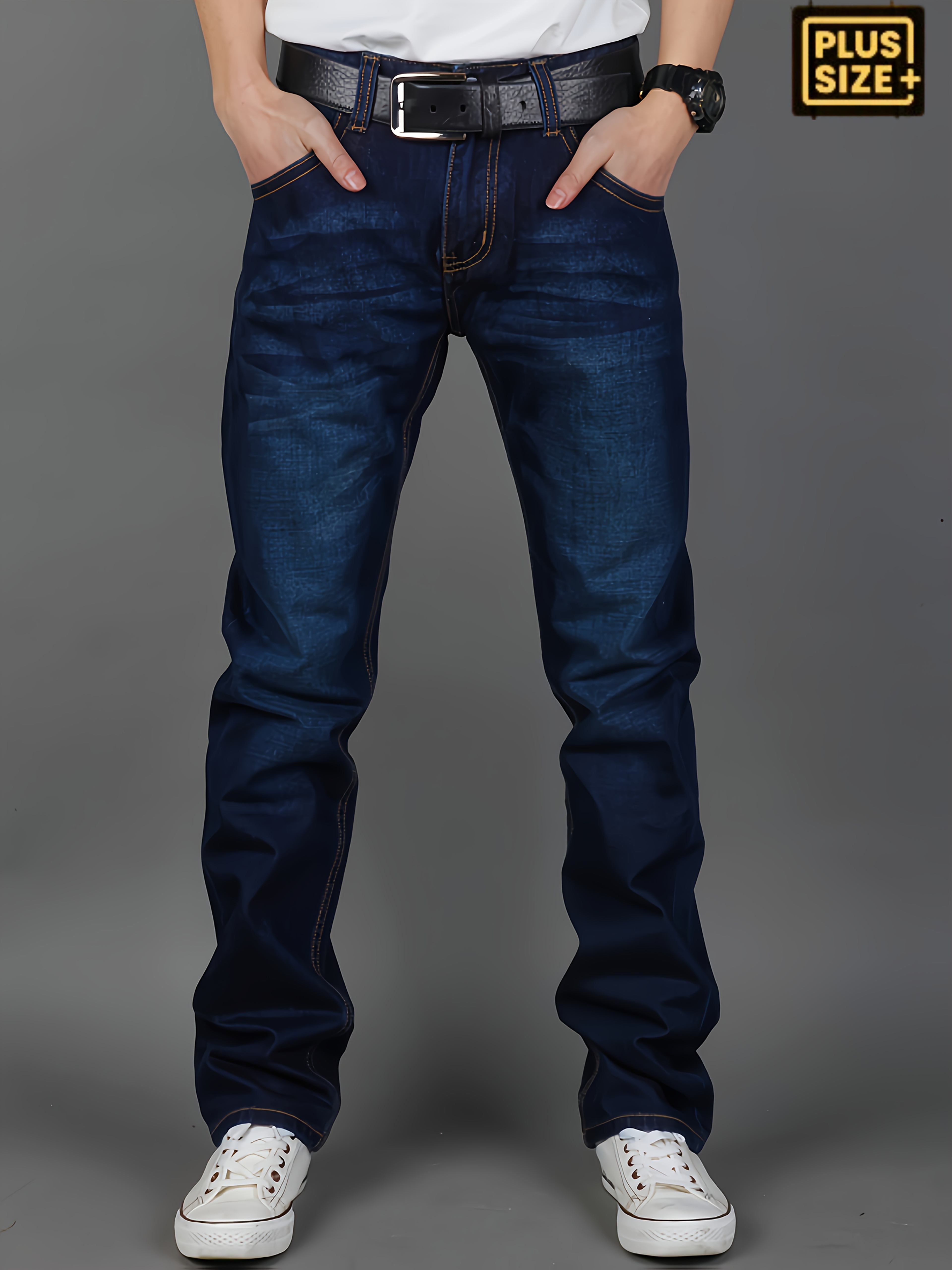 Plus-Size Men'S Denim Pants, Comfortable Stretchy Long Trousers, Loose Straight Casual Pants, Suitable for All Seasons, with Back Pockets And Flaps, Plus Size