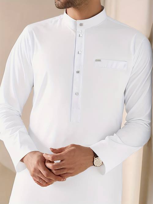 a middle eastern traditional cultural eid al holiday attire white long sleeved stand up collar robe with decorative faux pockets casual garment arab muslim islamic traditional cultural robe