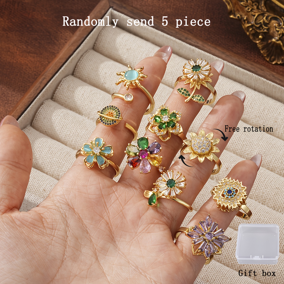 TEMU Random 5pcs Shipped/ Luxury Colored Cubic Zirconia Free Rotation Women's - Ladies' Party Gifts, Casual Wear And Gifting