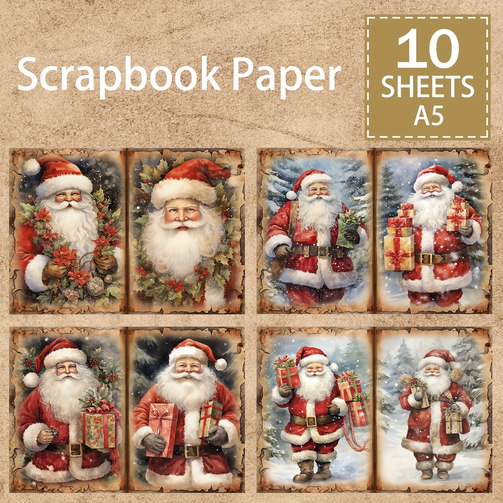 

10pcs A5 Christmas Santa Claus Themed Paper | Vintage Diy Journaling & Greeting Card Craft Supplies