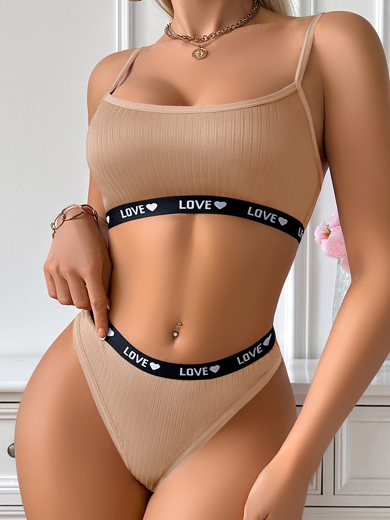 1 Set Sexy Europese Stijl Contrast Binding String & V-string Set | Effen Kleur, Gedropte Taille, Medium Ondersteuning