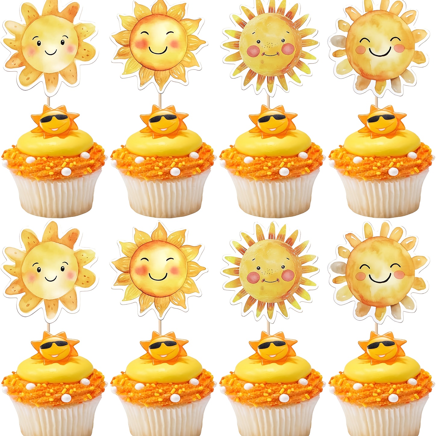 Image of Set Of 24 Sun-themed Cupcake Toppers Featuring Double-sided Sunflower And Face Designs, Perfect For Decorating Cakes At Baby Showers, Birthday Parties, And Weddings