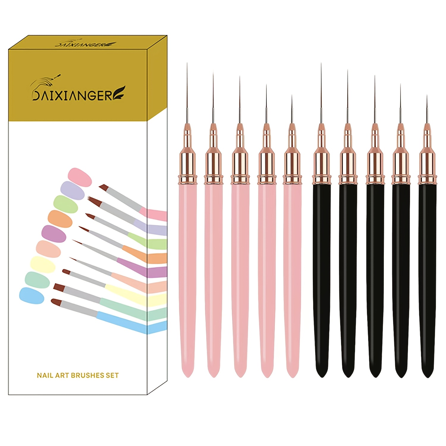 TEMU 10pcs Nail Brush Set Handles - 0.3mm Line Brushes For Gel Nail Polish, Chalk Painting And , Durable And Easy-clean Nail Art Tools For Manicure