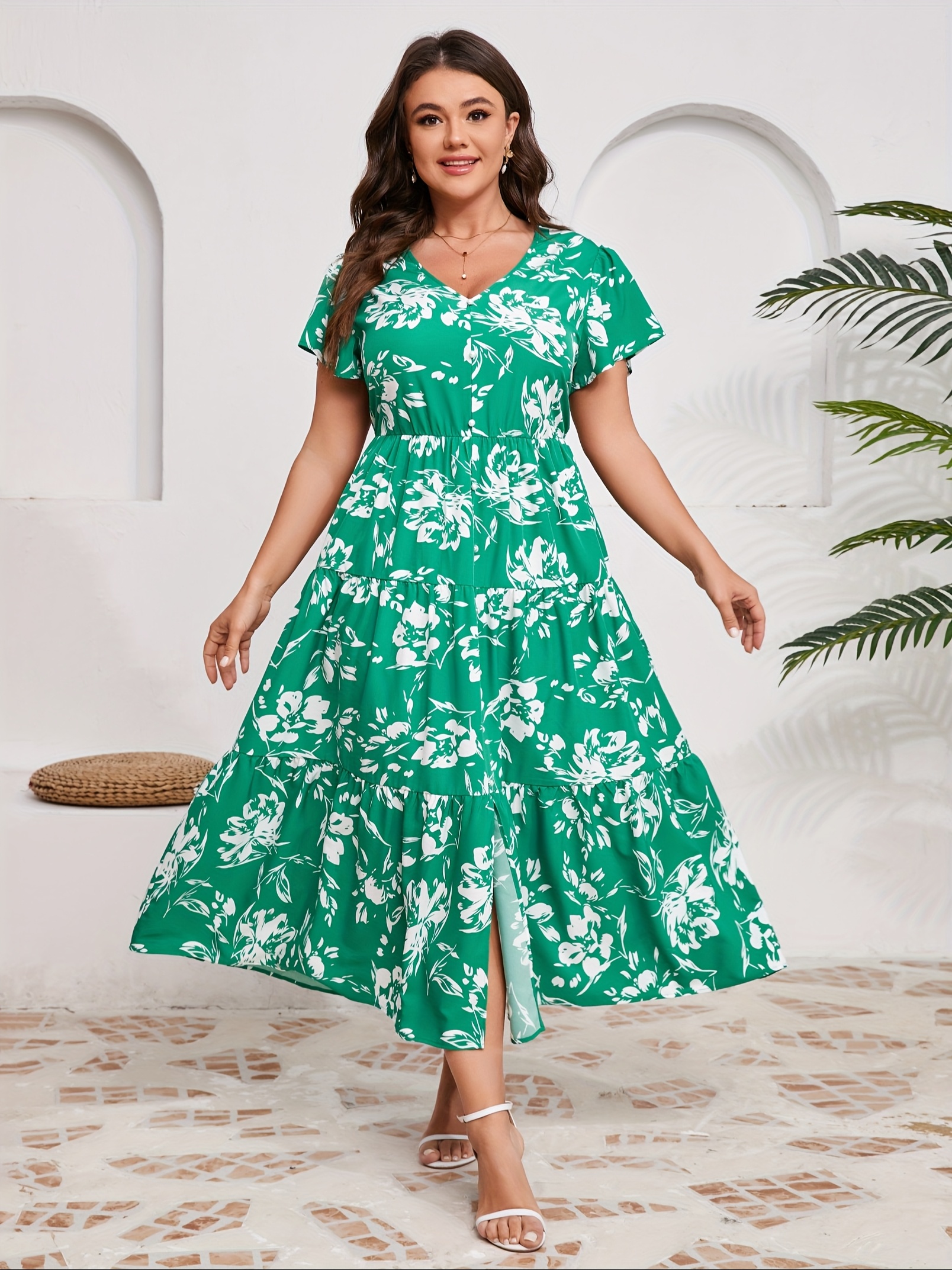 Women'S Plus Size Babydoll Summer Maxi Dress V Neck Ruffle Short Sleeve  Button Flowy Floral Dress