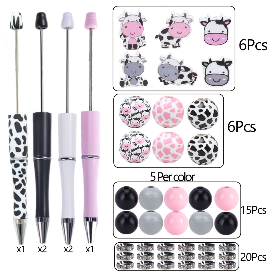 TEMU 6 Sets Of Cute Cow String Beads, Making Kit With 1mm Round Beads, Office And School Writing Additions With Pendants, Valentine's Day