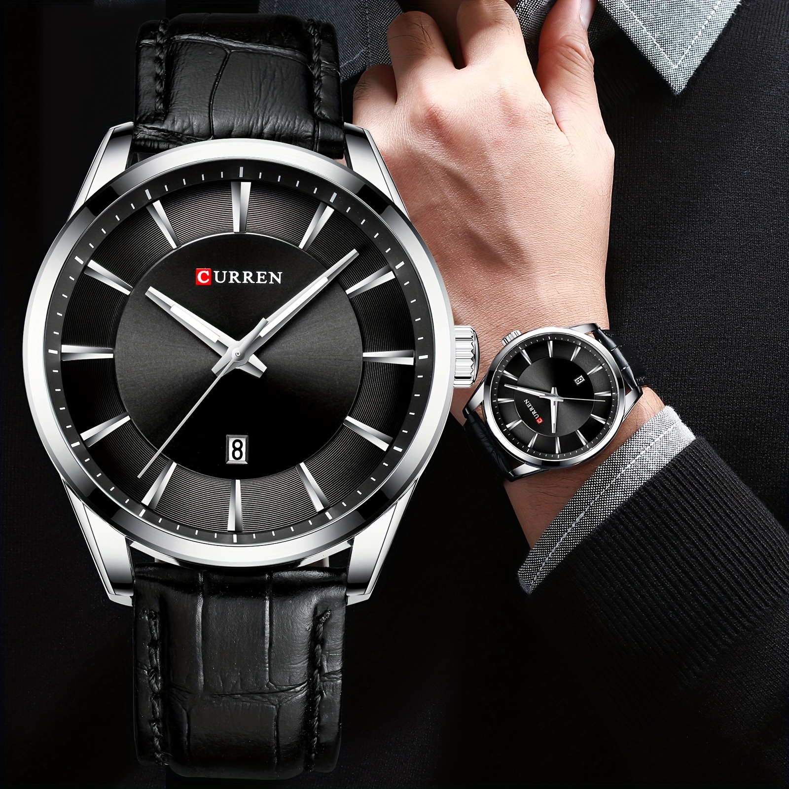 

Curren Minimalist Business Men's Quartz Watch Large Dial Fashion Analog Calendar Pu Leather Wrist Watch Date Watch