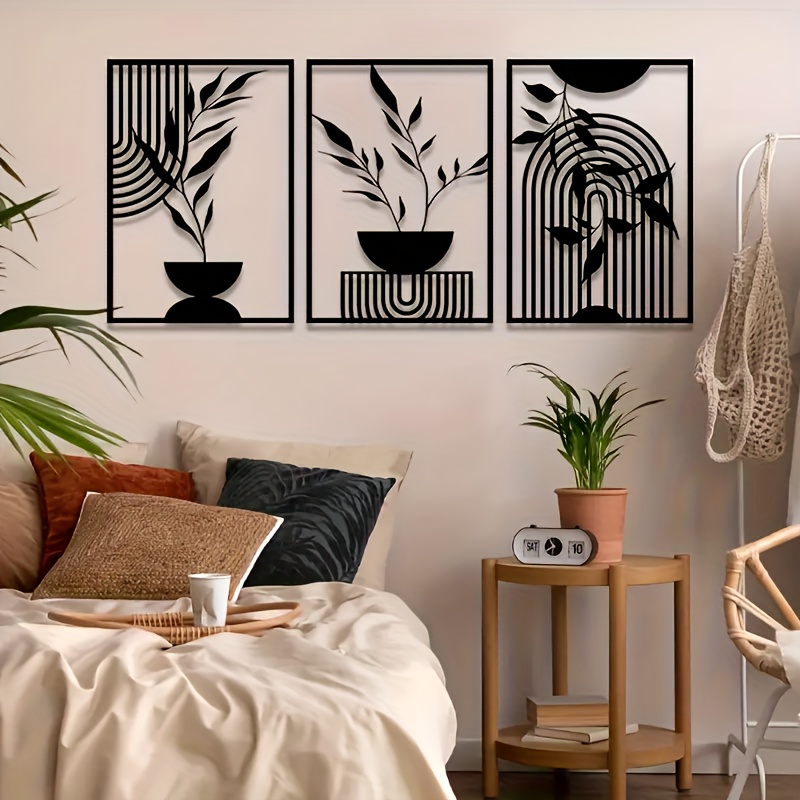 set mit 3 schwarzen metall-wanddekorationen, einfache linien-hängeornamente, abstrakte metall-wandskulptur, böhmische wandbehang für schlafzimmer, badezimmer, wohnzimmer, innen- und außenbereich