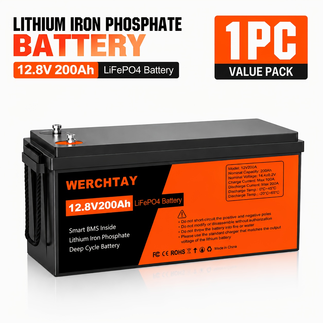 TEMU Werchtay 12.8v 200ah Lifepo4 Battery Deep Cycle Lithium Iron Phosphate Rechargeable Power Supply With Smart Bms + Cell For Motorhome Campervan
