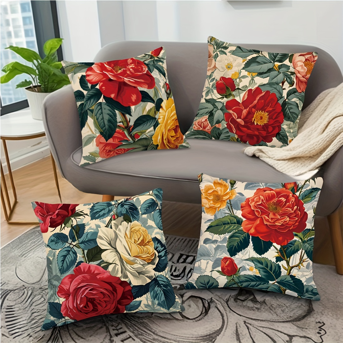 

4pcs, Atmosphere Flower Four-piece Set Peach Leather Throw Pillow Cover, Home Comfortable Pillow Cover, Living Room Bedroom Sofa Cushion Cover