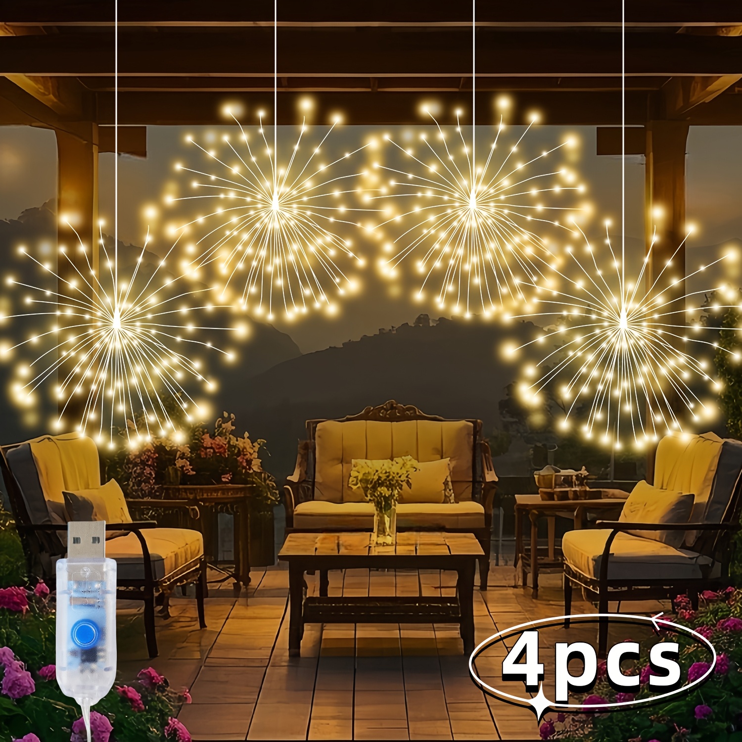 Image of 8-mode Usb-powered Fireworks Lights, Hanging Smart Light Strips, 180/ Starburst Ball String Lights, Fairy Light Strings Suitable For , Patios, Gardens, Indoor/outdoor Spaces, Weddings, And Christmas