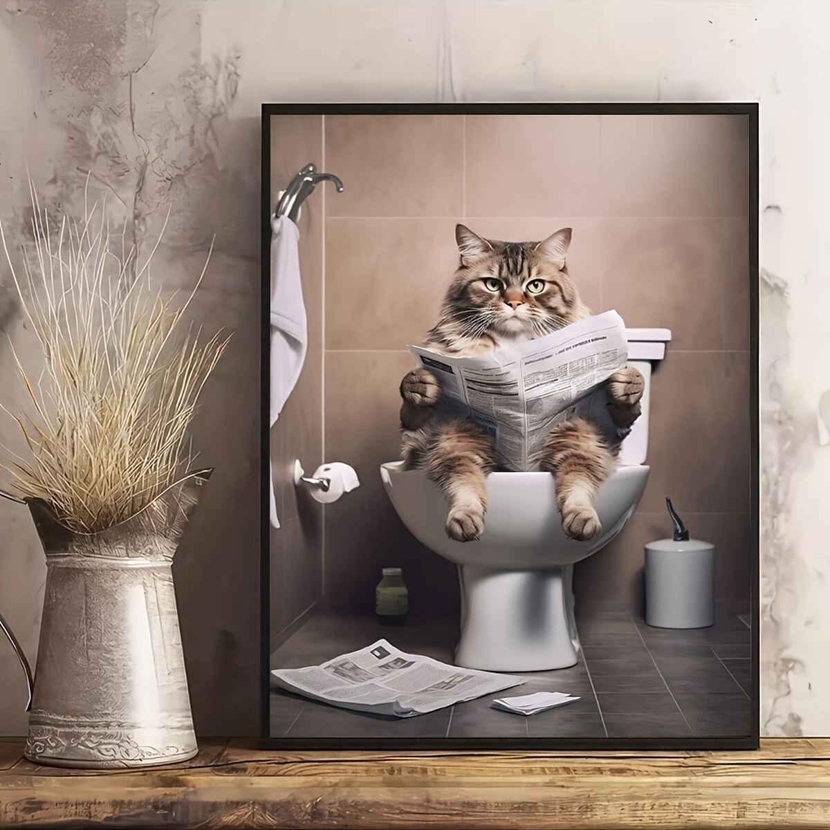 

1pc Frameless Vintage Cat Print Canvas Poster, Cat In Toilet, Animal In Toilet, Cat Reading Newspaper, Animal Art, Bathroom Wall Art, Funny Bathroom Decor, Wc, Toilet Deco