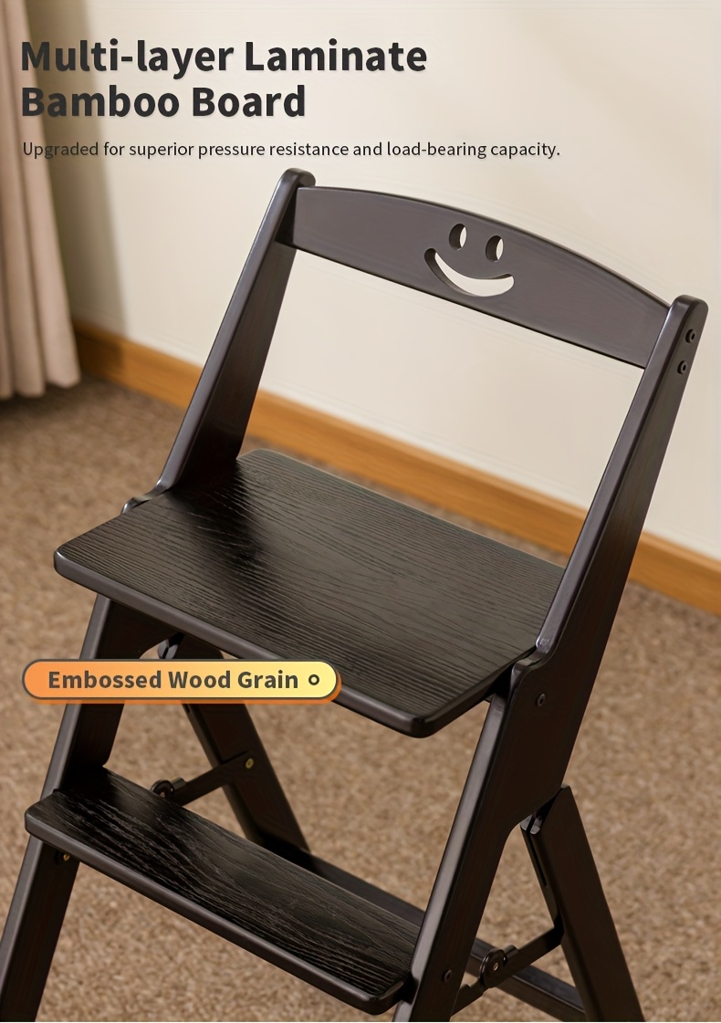 1pc Black All-Bamboo Bar Stool, Bar Counter Dining High Stool with Backrest, Folding Chair, No Assembly Required, Patio Outdoor Garden Step Stool, Household Three-Step Step Stool, Climbing Ladder, Suitable for Garden/Office/Library/Kitchen/Cafe