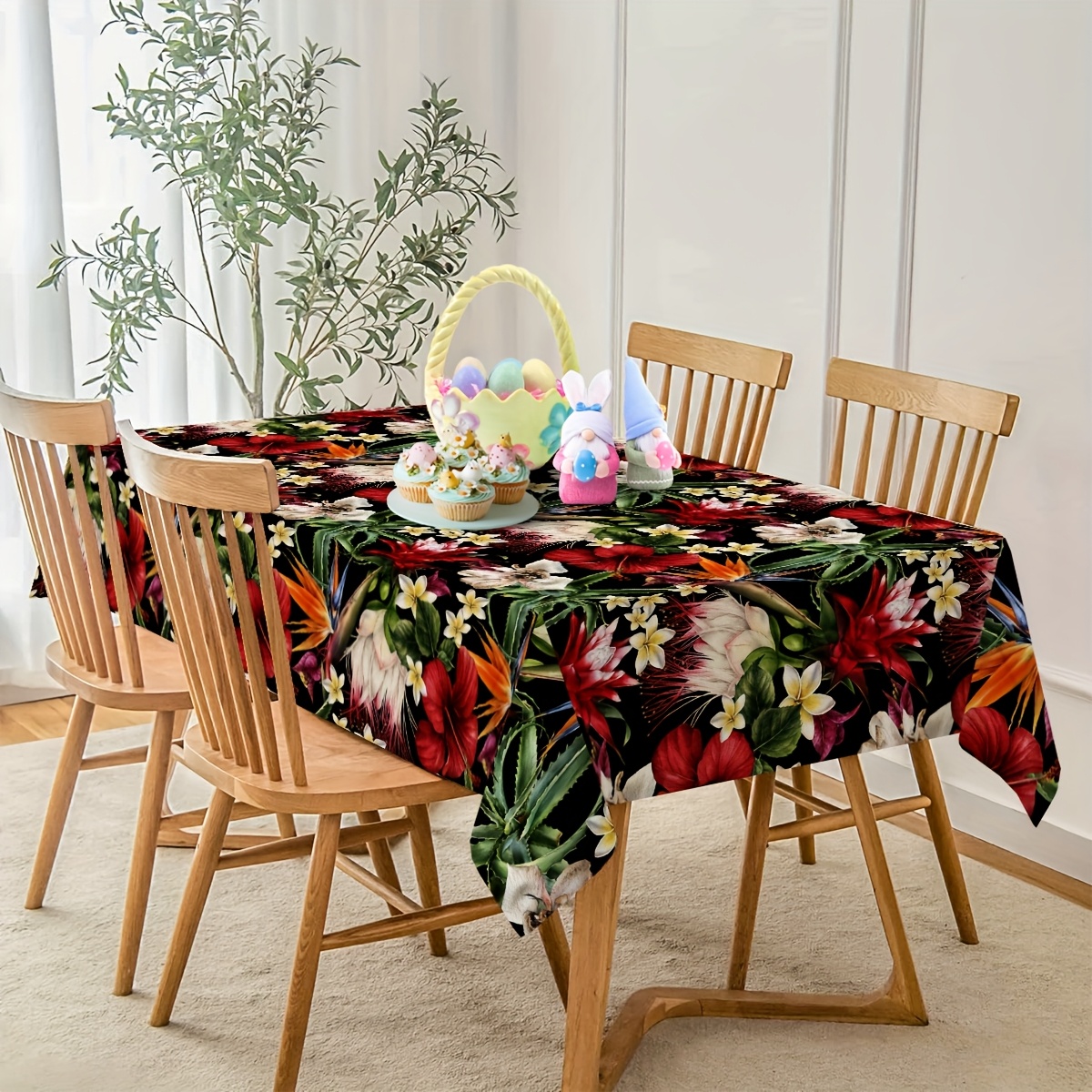 

1pc Tropical Floral Polyester Tablecloth, 60x84 Inch, Machine Woven, Washable & Reusable, -resistant Rectangular Table Cover For Easter, Picnic, Party Decor