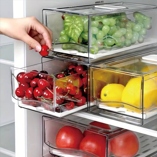 2 pack fridge organizer bins with drain board stackable refrigerator organizer bins reusable food storage containers fridge drawer organizer kitchen produce fruit vegetable