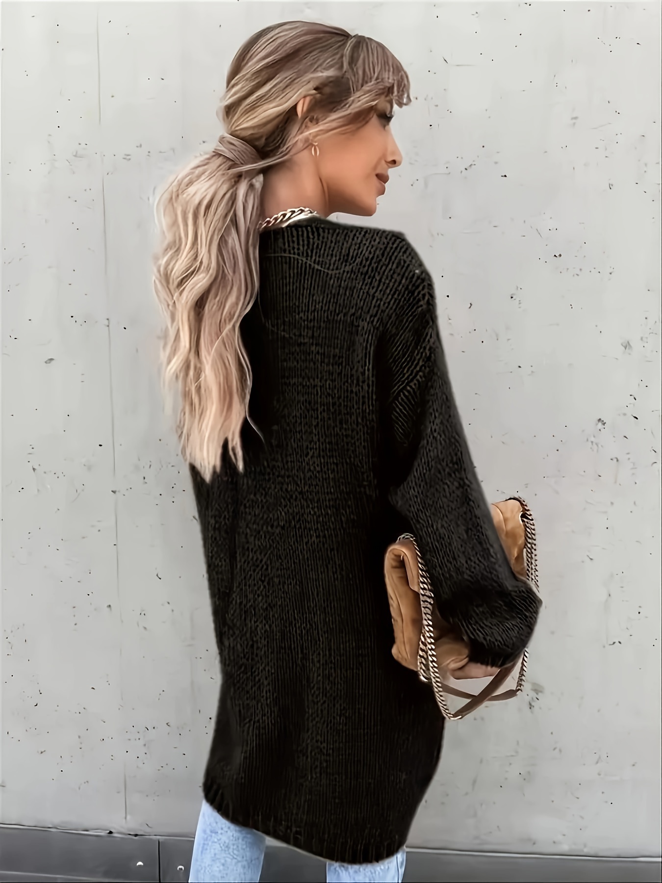 Women's Casual V Neck Cardigan Length Solid Color Black