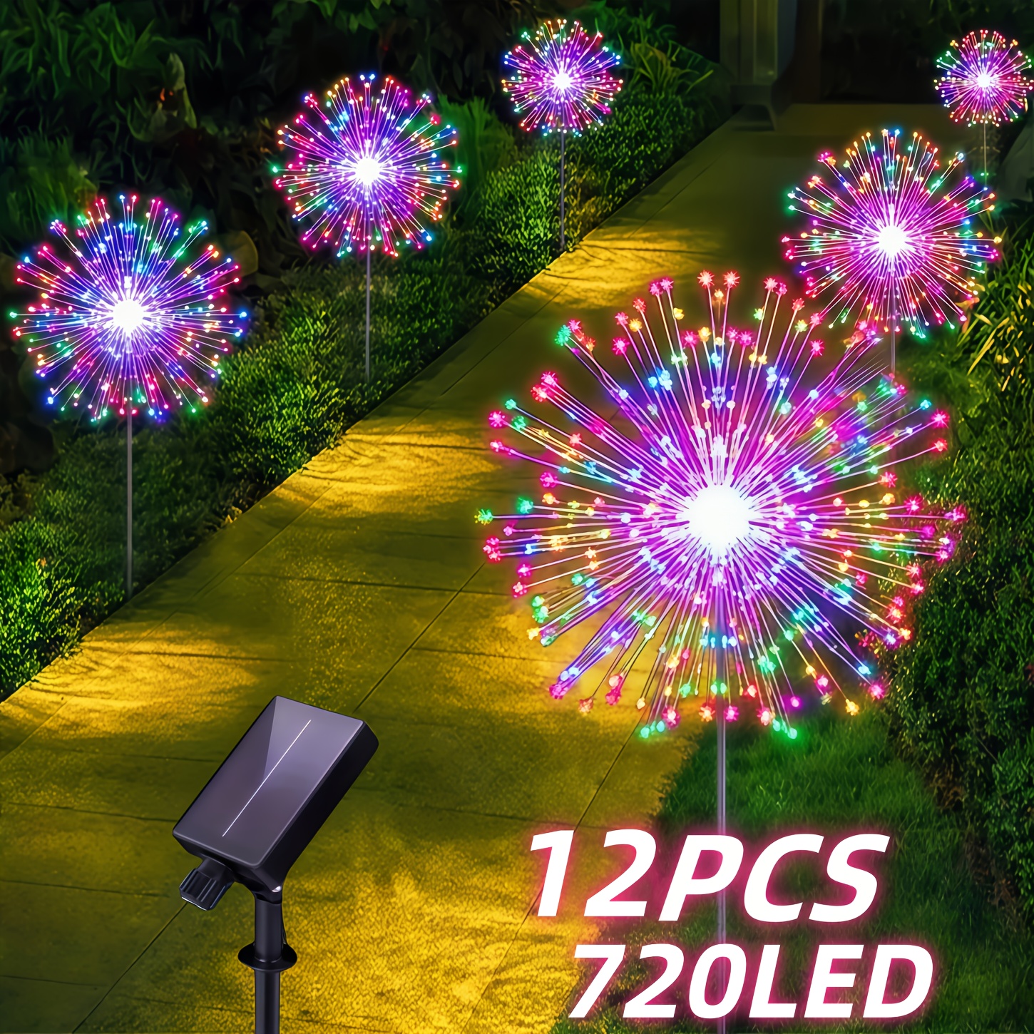 TEMU 12/6 Outdoor Solar Fireworks Light - Multi Color 720/360 Led Outdoor Light, Ip65 Waterproof, 8 Lighting , Durable Plastic, Suitable For
