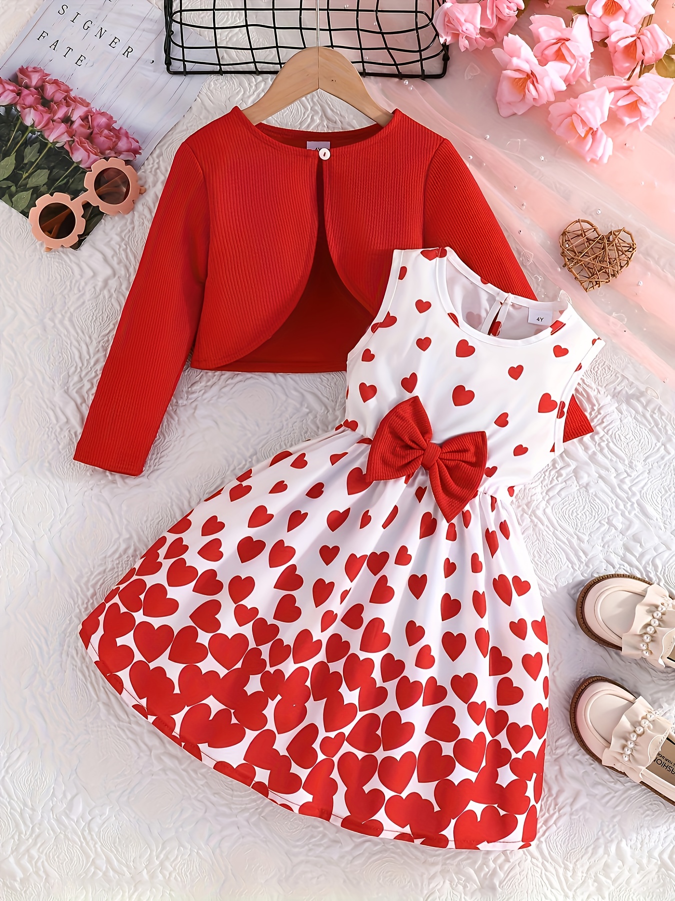 2pcs girls   heart pattern round neck sleeveless dress with front bow detail and solid long sleeve jacket set sweet valentines day thanksgiving christmas gift   holiday parties for outdoor