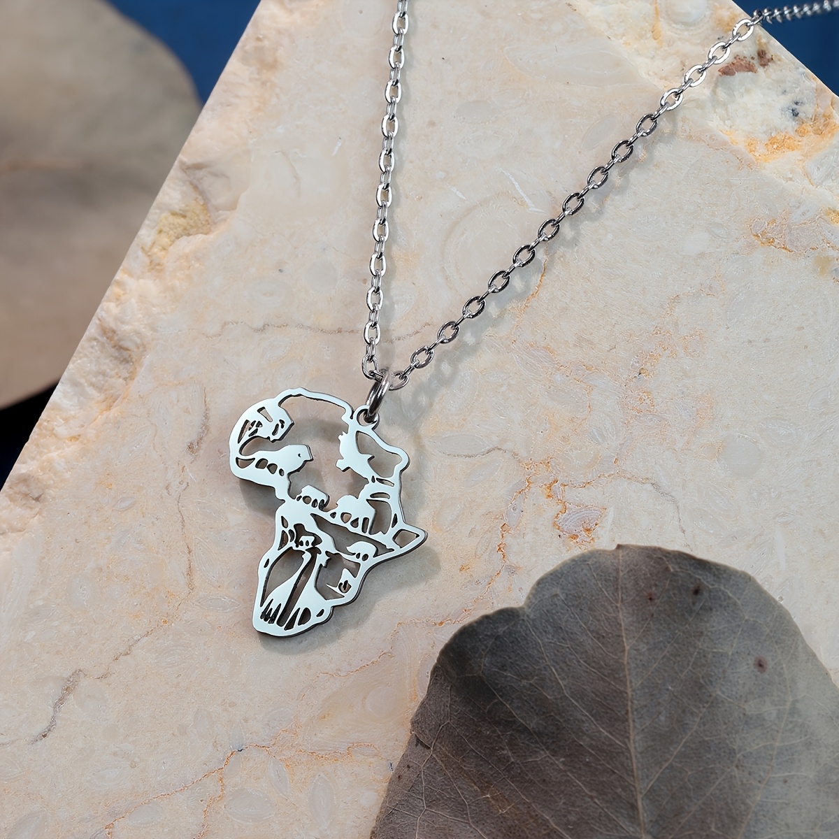 Stainless Steel Africa Map Pendant Necklaces Men Women Lion Elephant Monkey Giraffe Animal Chain Choker African Jewelry