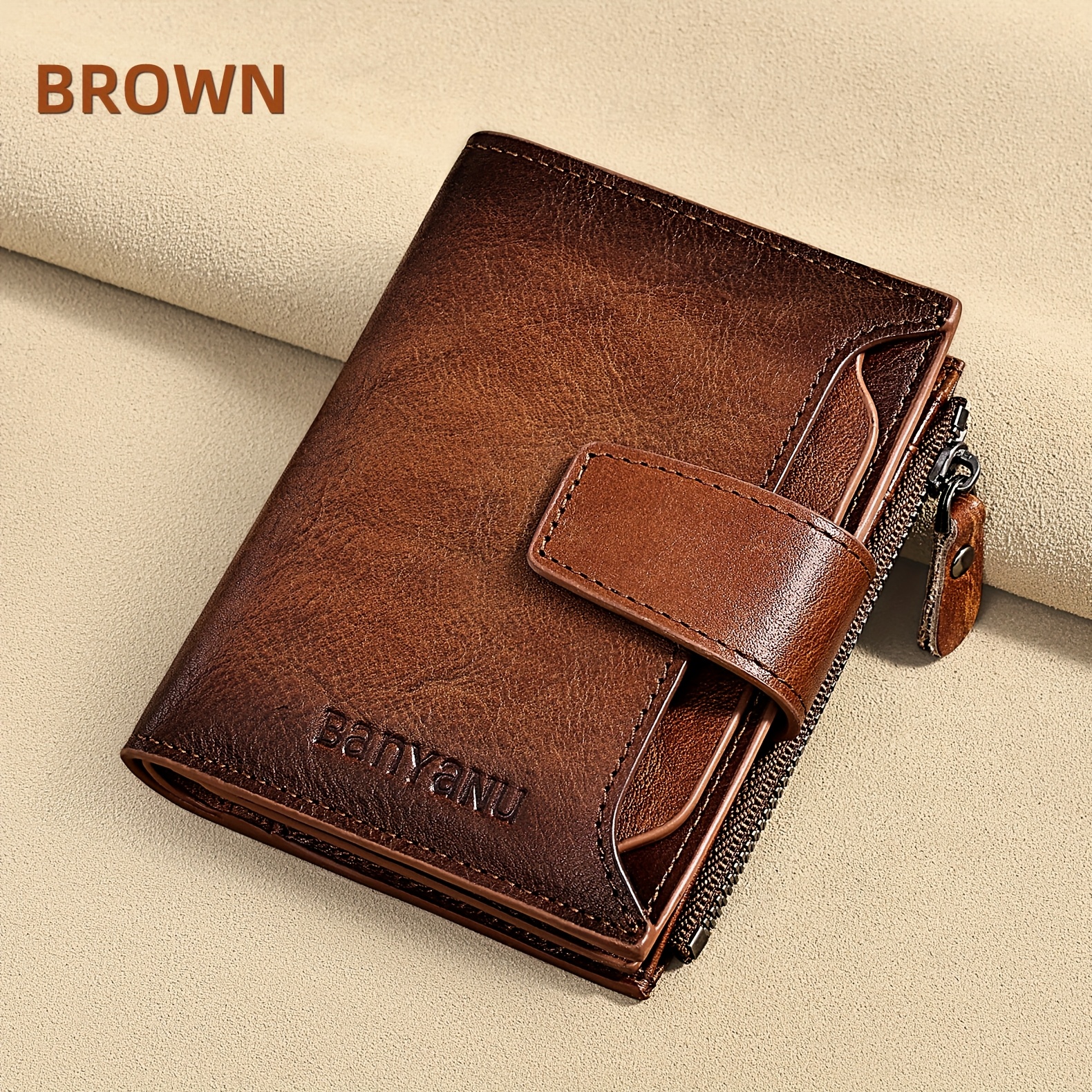 Image of 4-season Gift Men's Genuine Leather Wallet, Vintage Short Multifunctional Id Card Case, Rfid Blocking Wallet With Zipper Coin Purse, Men's Valentine's Day Gift