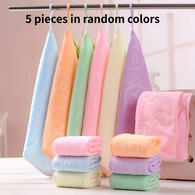 TEMU 5pcs Random Colors Cute Pattern Face Towels, Solid Color Handkerchiefs, Small Square Towels, Soft Absorbent Towels, Suitable For Home Bathroom,